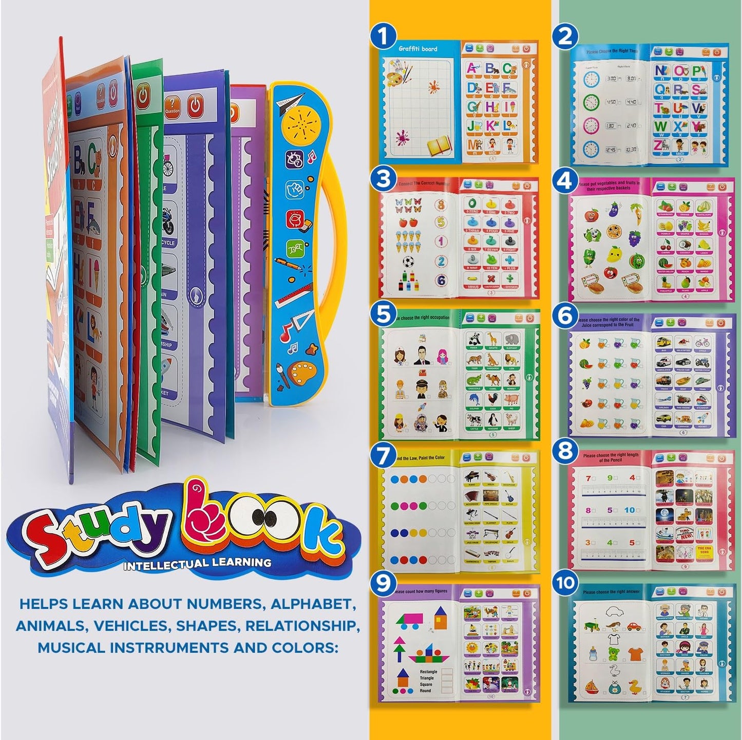 Intelligence Sound Book for Kids – Learn ABC, Words, Numbers, Shapes, Animals & Vehicles – Fun Educational Toy for Toddlers & Preschoolers